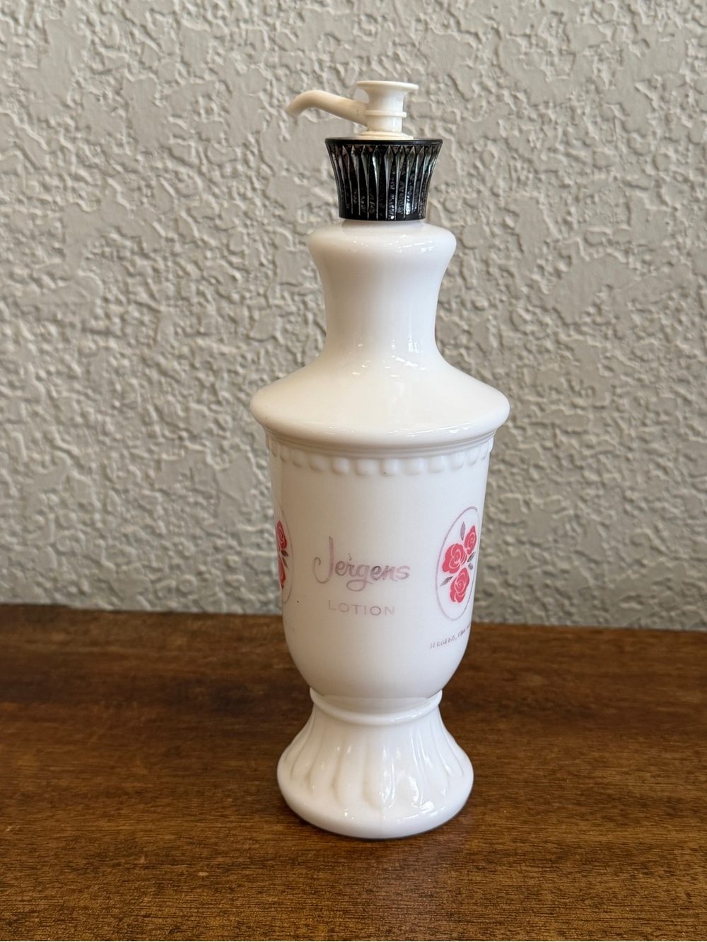 Vintage Jergens Lotion Milk Glass Pump Bottle Pink Roses 9” MCM Bath Decor